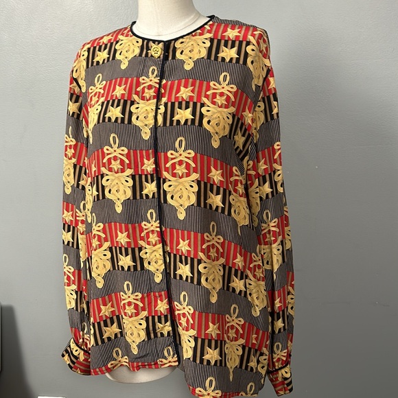 Vintage Fiji Silk Gold Red Navy Long Sleeve Button Down Shirt size XL mandarin - Picture 2 of 16